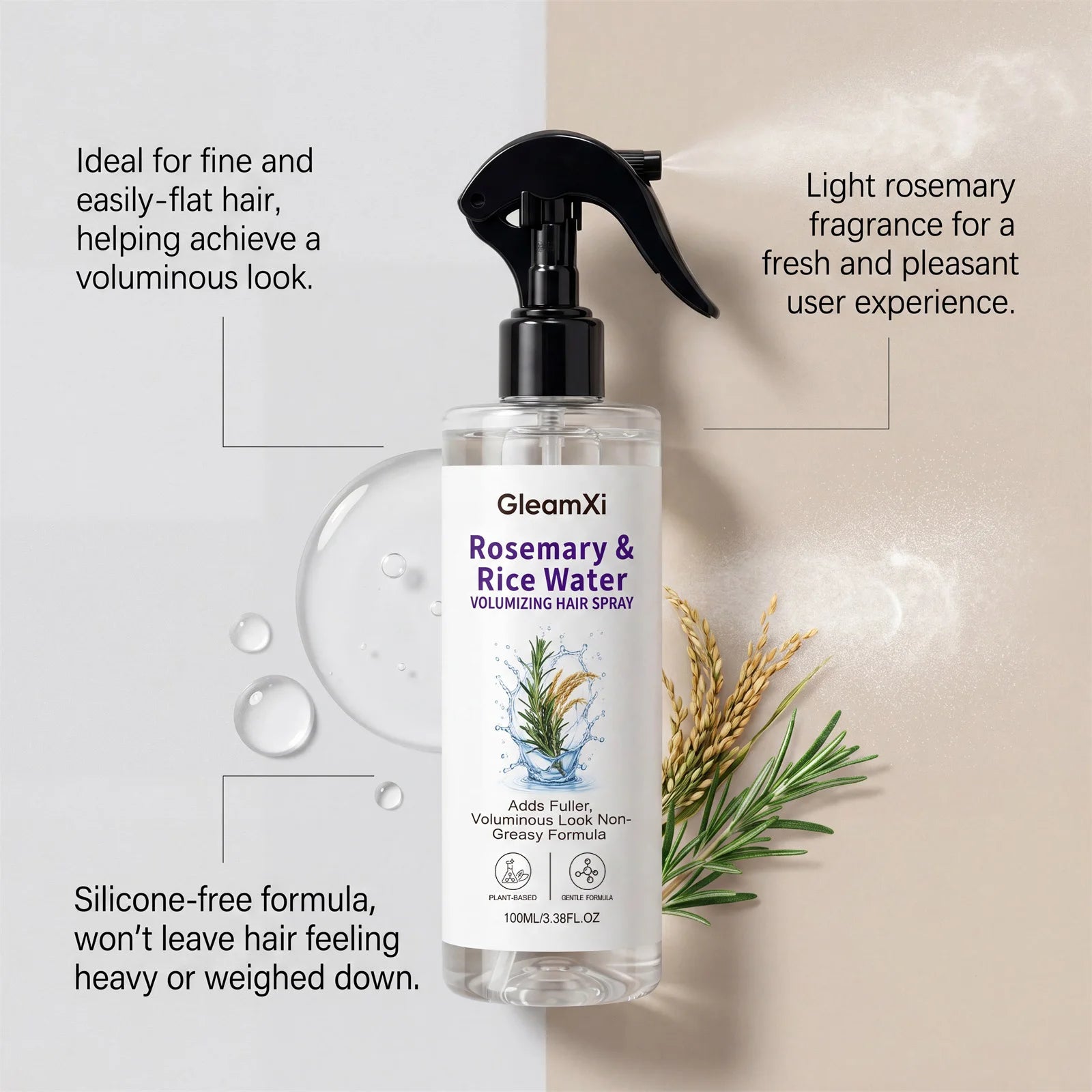Rosemary & Rice Water Hair Spray Made with 100% Natural Extracts Lightweight Non-Greasy Formula for Softer Smoother-Looking Hai